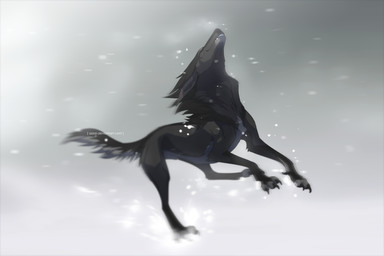 ambiguous_gender black_body black_claws black_fur black_nose claws eyes_closed feral fur grey_markings jumping long_ears long_snout markings outside smile snout snow snowing solo tail teeth azzai canid canine mammal 2016 3:2 colored digital_drawing_(artwork) digital_media_(artwork) shaded