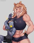 abs athletic_wear biceps big_breasts blush bodily_fluids breasts deltoids duo female huge_breasts larger_female machine male male/female muscular muscular_female muscular_male open_mouth simple_background size_difference smaller_male sweat taigerarts felicia_(krekk0v) animal_humanoid canid canid_humanoid canine canine_humanoid dog_humanoid humanoid mammal mammal_humanoid robot