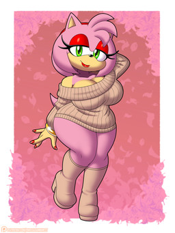 accessory anthro big_breasts black_nose boots border bracelet breasts cleavage clothed clothing colored_nails eyelashes eyeshadow female footwear fur green_eyes hair hair_accessory hairband hand_behind_head head_tuft jewelry lipstick looking_at_viewer makeup nails pattern_background pink_background pink_body pink_fur pink_hair red_eyeshadow red_lipstick red_nails shoes short_hair simple_background smile solo tan_body tan_boots tan_clothing tan_footwear tan_fur tan_sweater tan_topwear thick_thighs topwear tuft white_border wide_hips omegasunburst sega sonic_the_hedgehog_(series) amy_rose eulipotyphlan hedgehog mammal 3:4 absurd_res hi_res