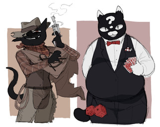 anthro black_body black_fur bow_tie card chaps claws cloak clothing cowboy_hat cowboy_outfit dice duo fur fuzzy_dice gun handgun hat headgear headwear holding_object holding_weapon lasso male missing_tooth multicolored_body multicolored_fur overweight overweight_anthro overweight_male playing_card poker_chip question_mark ranged_weapon red_eyes revolver scarf simple_background smoke smoking_gun stubble suit tail weapon monarchaip mewgenics gambit_(mewgenics) zodiac_(mewgenics) domestic_cat felid feline felis mammal 2026 digital_media_(artwork) hi_res shaded simple_shading