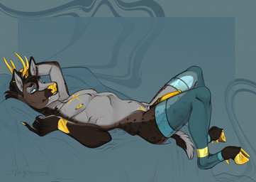 animal_genitalia animal_penis blue_clothing blue_eyes blue_leg_warmers blue_legwear chest_scar clothing ear_piercing equine_genitalia equine_penis femboy fur genitals gold_(metal) gold_hooves gold_nose gold_penis golden_antlers hooves horn leg_warmers leggings leggings_only legwear male markings mismatched_animal_genitalia mismatched_animal_penis mismatched_genitalia mismatched_penis nipple_piercing nipples penis piercing scar spots spotted_body spotted_fur womb_tattoo x_scar yellow_horn yeen_shield deer mammal hi_res