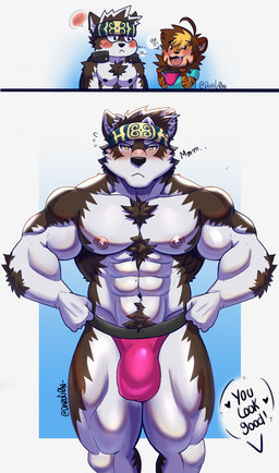 abs accessory annoyed anthro areola barazoku big_bulge biped blue_clothing blue_shirt blue_topwear blush bodily_fluids border brown_body brown_fur bulge chest_tuft clothed clothed_anthro clothed_male clothing detailed_bulge dialogue duo embarrassed fingers fist front_view frown fur gradient_background hands_on_hips headband holding_clothing holding_jockstrap holding_object holding_underwear humanoid_hands jockstrap jockstrap_only looking_at_viewer male male/male muscular muscular_anthro muscular_arms muscular_legs muscular_male navel nipples open_mouth open_smile pecs pink_clothing pink_jockstrap pink_underwear pose pubes shirt simple_background smile speech_bubble standing sweat sweatdrop talking_to_another text topless topless_anthro topless_male topwear tuft underwear underwear_only white_body white_border white_fur darolion lifewonders tokyo_afterschool_summoners horkeu_kamui_(tas) leon_(darolion) canid canine canis felid hybrid liger mammal pantherine wolf 2025 absurd_res artist_name colored comic english_text hi_res shaded