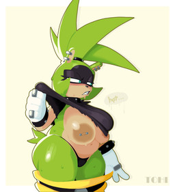anthro areola big_breasts black_body black_clothing black_fur black_nose black_thong black_topwear black_underwear blue_eyes blush bodily_fluids border bottomwear bottomwear_down bracelet breasts brown_areola brown_nipples clothed clothing clothing_lift collar dialogue ear_piercing eyelashes facial_markings female front_view fur gloves green_body green_fur handwear head_markings huge_breasts jewelry markings navel nipple_piercing nipples overweight overweight_anthro overweight_female pants pants_down partially_clothed piercing raised_clothing raised_topwear ring sharp_teeth shirt shirt_lift simple_background solo studded_bracelet studded_collar studded_jewelry studs sweat sweatdrop tan_background tan_body tan_fur teeth text thick_thighs thong topwear underwear white_border white_clothing white_gloves white_handwear wide_hips yellow_bottomwear yellow_clothing yellow_pants theonehornedimp idw_publishing sega sonic_the_hedgehog_(comics) sonic_the_hedgehog_(idw) sonic_the_hedgehog_(series) surge_the_tenrec afrosoricid mammal tenrec hi_res