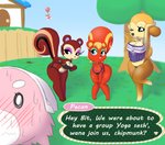 anthro breasts cleavage clothed clothing eyeshadow female flirting group makeup outside text wide_hipped_female wide_hips bit-small animal_crossing nintendo pokemon caroline_(animal_crossing) maddie_(animal_crossing) pecan_(animal_crossing) generation_7_pokemon mammal pokemon_(species) rodent sciurid stufful tree_squirrel english_text hi_res