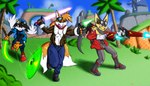 2_tails anthro boots bottomwear clothed clothing cloud dual_holding dual_wielding eyewear footwear goggles grass group headgear headwear holding_object holding_weapon laser_sword male multi_tail open_mouth palm_tree pants plant shoes shrub sky tail tree trio weapon windmill viroveteruscy bandai_namco klonoa_(series) sega sonic_the_hedgehog_(series) guntz klonoa miles_prower canid canine canis domestic_cat felid feline felis fox mammal wolf 2016 absurd_res crossover digital_media_(artwork) hi_res