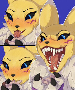 anthro anthro_penetrated blue_eyes bodily_fluids brown_body claws cum cum_drip cum_in_mouth cum_inside cum_on_face cumshot digiphilia dominant dripping duo ejaculation erection fangs fellatio female female_penetrated fluffy genital_danger_play genital_fluids genitals glans human_on_anthro human_penetrating human_penetrating_anthro human_penetrating_female humanoid_genitalia interspecies larger_female licking looking_at_another looking_at_partner looking_pleasured looking_up macro makeup male male/female male_penetrating male_penetrating_female micro open_mouth oral oral_penetration orgasm orgasm_face oversized_fellatio penetration penile penis penis_in_mouth penis_on_tongue sex sharp_teeth simple_background size_difference teeth tongue tongue_out tuft white_body yellow_body fluffy_void bandai_namco digimon canid digimon_(species) human mammal renamon 5:6 absurd_res hi_res