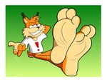 3_toes anthro barefoot blue_eyes border claws clothing feet foot_focus humanoid_feet male plantigrade shirt smile soles toes topwear white_border ricowolfdog bubsy_(series) bubsy bobcat felid feline lynx mammal hi_res