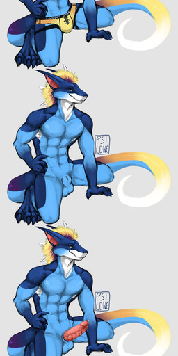 abs animal_genitalia anthro balls blonde_hair blue_body bodily_fluids bulge clothed clothing dripping erection fully_sheathed genital_fluids genitals gradient_body hair hand_on_hip kneeling looking_at_viewer male male_anthro muscular muscular_anthro muscular_male pecs penis pink_body pink_penis precum precum_drip purple_body sheath simple_background solo topless topless_anthro topless_male underwear underwear_only white_body yellow_body yellow_eyes i-psilone mythology teryx_commodore dragon mythological_creature mythological_scalie scalie 2017 hi_res multiple_images