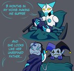 anthro baby dialogue female group happy jester male smile speech_bubble tail text tired trio young arcatech deltarune nine_months_in_my_womb_making_me_suffer undertale_(series) fan_character jevil_(deltarune) synthesis_(arcatech) tasque_manager domestic_cat felid feline felis humanoid mammal comic digital_drawing_(artwork) digital_media_(artwork) english_text hi_res meme