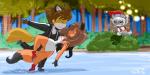 anthro bikini clothed clothing dress female fully_clothed group ice_skating jacket male nude plant shrub swimwear topwear trio two-piece_swimsuit shonuff upstairstudios destiny_(sagestrike2) fulvus umbra_(sagestrike2) canid canine domestic_cat felid feline felis fox mammal 2016 hi_res