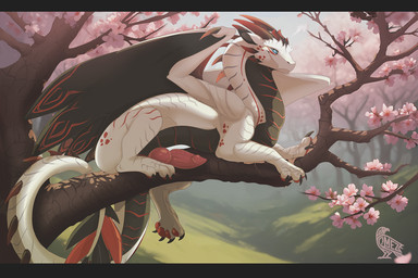 black_body black_scales blue_eyes branch claws erection feral finger_claws flower genitals horn knot long_neck long_tail male membrane_(anatomy) membranous_wings penis plant scales smile snout solo tail toe_claws tree white_body white_scales wings omez mythology dragon mythological_creature mythological_scalie scalie letterbox