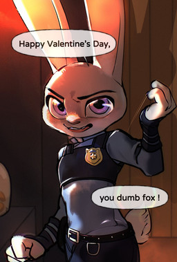 anthro clothed clothing dialogue female fur grey_body grey_fur holidays insult insult_of_endearment long_ears open_mouth police police_uniform solo teeth term_of_endearment text uniform butterfish8199 disney valentine's_day zootopia judy_hopps european_rabbit lagomorph leporid mammal oryctolagus rabbit comic hi_res