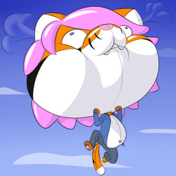 ambiguous_gender anthro barefoot blue_clothing blue_jacket blue_topwear bottomwear bulging_eyes clothed clothing dipstick_tail expansion feet floating grey_bottomwear grey_clothing grey_pants hair hand_on_own_face head_expansion head_inflation hyper inflatable inflation jacket markings pants pawpads pink_hair pink_nose pink_pawpads purple_eyes sky solo tail tail_markings topwear printedonsmile animate_inanimate felid living_inflatable mammal 1:1 2013 hi_res