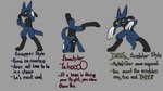 anthro biped blue_body blue_tail blue_text claws clenched_teeth closed_smile grey_background male mouth_closed open_mouth open_smile paws pose red_eyes red_text scar simple_background smile solo standing tail teeth text tongue white_sclera yellow_text novaarts nintendo pokemon generation_4_pokemon pokemon_(species) riolu 2024 digital_media_(artwork) english_text hi_res