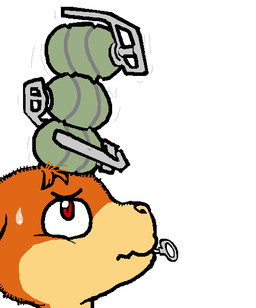 anthro balancing_object bodily_fluids explosives fur grenade looking_up male motion_lines mouth_hold orange_body orange_fur red_eyes side_view simple_background solo stack sweat toony weapon white_background darkdoomer bandai_namco digimon patachu digimon_(species) patamon flat_colors