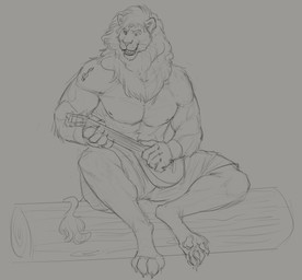 anthro arm_markings bottomwear clothed clothing digitigrade fangs front_view holding_musical_instrument holding_object log looking_at_viewer male male_anthro mane markings muscular muscular_anthro muscular_male musical_instrument nipples one_eye_closed open_mouth open_smile pawpads pecs playing_music shorts simple_background sitting smile solo tail tail_tuft teeth topless tuft whiskers wood aduran felid lion mammal pantherine absurd_res hi_res monochrome sketch