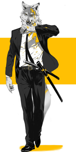 anthro belt belt_buckle biped black_belt black_bottomwear black_clothing black_footwear black_necktie black_pants black_shoes black_suit black_suit_jacket blood blood_on_clothing blood_on_face blood_on_hand blood_on_shirt bodily_fluids bottomwear buckle cheek_tuft claws clothed clothing colored_blood facial_tuft fangs footwear formal_clothing formal_wear fur grey_body grey_fur katana leather_shoes long_pants looking_at_viewer male melee_weapon multicolored_body multicolored_fur necktie open_mouth pants scabbard sheathed_weapon shirt shoes simple_background solo suit sword tail teeth tongue topwear tuft two_tone_body two_tone_fur unusual_blood unusual_bodily_fluids waist_belt walking walking_towards_viewer weapon white_body white_clothing white_fur white_shirt white_topwear wound_on_head wounded yellow_blood yellow_body yellow_eyes yellow_fur yoshi.kaoru canid canine canis mammal wolf absurd_res hi_res