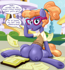 areola big_teats blue_eyes book cartoon_freckles clothed clothed_feral clothing crotch_breasts detailed_background dialogue eyelashes eyewear female feral freckled_face freckles glasses hair hooves lisp long_eyelashes looking_at_viewer motion_lines nerd nipples orange_hair outside ponytail pupils purple_areola purple_body purple_nipples shirt solo speech_bubble sweater sweater_vest teats text topwear vest wearing_glasses flashequestria friendship_is_magic hasbro my_little_pony frazzle_rock_(mlp) equid equine mammal absurd_res english_text hi_res