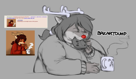 4chan_thread anthro antlers beverage clothing coffee coffee_mug container cookie cup eating eating_cookie eating_food eyes_closed female food hair horn long_hair mug obese obese_anthro obese_female overweight overweight_anthro overweight_female pivoted_ears ponytail red_nose snout solo steam sweater topwear weight_gain baz 4chan rue_(the-minuscule-task) cervine deer mammal new_world_deer reindeer monochrome reference_image signature
