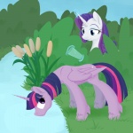 blue_eyes cutie_mark drinking duo feathered_wings feathers female feral fur glass glowing grass hair horn levitation magic multicolored_hair outside plant purple_body purple_eyes purple_fur purple_hair reeds sparkles standing two_tone_hair water white_body white_fur wings geomancing friendship_is_magic hasbro my_little_pony mythology rarity_(mlp) twilight_sparkle_(mlp) equid equine mammal mythological_creature mythological_equine unicorn winged_unicorn 1:1 2013 hi_res