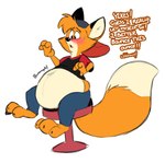 anthro backwards_baseball_cap backwards_hat baseball_cap belly big_tail blush clothed clothing confusion dialogue exposed_belly hat headgear headwear male overweight overweight_anthro overweight_male sitting solo tail text texansoda texansoda_(character) canid canine fox mammal english_text hi_res