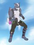 anthro anus balls bodily_fluids boots clothing cum erection flying footwear genital_fluids genitals jet_pack male nipples pecs penis shoes solo anubis-kruger nintendo star_fox wolf_o'donnell canid canine canis mammal wolf hi_res