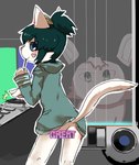 anthro blush bottomless breasts butt cheek_tuft clothed clothing convenient_censorship dj_set facial_tuft female flat_chested fur green_clothing green_hair green_hoodie green_topwear grey_eyes hair hoodie looking_at_viewer looking_back pocky_in_mouth small_breasts solo tail text topwear tuft white_body white_fur young minnnanihanaisixyo beatmania beatmania_iidx bemani konami paperman theresa_(paperman) domestic_cat felid feline felis mammal censored