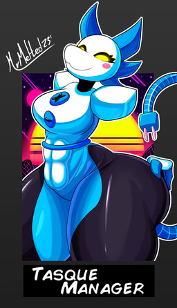 abs anthro breasts butt female machine solo text thick_thighs wide_hips yellow_sclera mrmelted deltarune undertale_(series) tasque_manager darkner felid feline mammal robot 2023 absurd_res hi_res