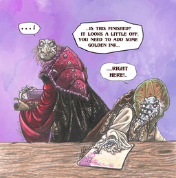 angry anthro beak clothed clothing desk dialogue duo elderly eyewear fangs fully_clothed furniture glasses gown multi_limb renaissance_clothing speech_bubble speechless table teeth text skekla_(artist) the_dark_crystal skekla_the_illustrator skekok_the_scroll_keeper alien skeksis 2023 comic english_description english_text signature herm_(lore)