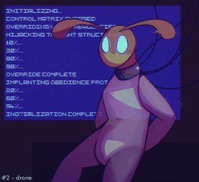 ambiguous_gender antennae_(anatomy) anthro bodysuit clothing collar control_collar drone empty_eyes glowing glowing_eyes hands_behind_back jumpsuit mind_control screen skinsuit solo text text_in_eyes tight_clothing wire ofthestarlesssea hypnovember hypnovember2025 aleph_(ofthestarlesssea) arthropod bee hymenopteran insect english_text