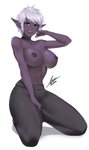 bottomwear breasts choker clothed clothing female green_eyes grey_hair hair humanoid_pointy_ears jewelry kneeling necklace nipple_piercing nipples not_furry pants piercing pointy_ears purple_body purple_skin simple_background solo topless white_background airisubaka dark_elf elf humanoid 2020 absurd_res hi_res