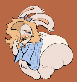 big_butt blonde_hair blue_clothing blue_dress butt clothing countershading crown dress eyebrows eyelashes female fur hair headgear huge_butt huge_thighs long_ears long_hair looking_at_viewer narrowed_eyes open_mouth orange_background orange_tongue panties silver_crown simple_background solo tan_body tan_countershading tan_skin teeth teeth_showing thick_thighs tongue underwear white_body white_clothing white_ears white_fur white_panties white_underwear fizzooka raving_rabbids rayman_(series) ubisoft rabbid_rosalina lagomorph mammal rabbid hi_res