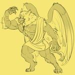 anthro beak big_wings claws clothing collar feathers male muscular muscular_anthro muscular_male nipples simple_background solo tail toga wings yellow_background awarebear mythology avian gryphon mythological_avian mythological_creature werecreature weregryphon 1:1