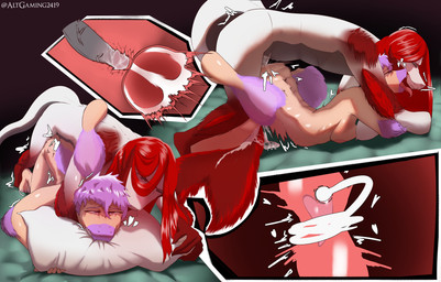 abdominal_bulge aggressive_fertilization anthro anthro_on_anthro anthro_penetrated anthro_penetrating anthro_penetrating_anthro bite blush bodily_fluids breasts cervical_contact cum cum_in_uterus cum_in_vagina cum_inside cutaway duo female female_penetrated from_behind_position genital_fluids genitals hair heart_symbol humanoid_genitalia humanoid_penis impregnation internal internal_vaginal male male/female male/male male_anthro male_penetrated male_penetrating male_penetrating_female male_penetrating_male nude_anthro nude_male ovum ovum_with_heart penetration penile penile_penetration penis penis_in_vagina pillow pillow_bite prone_bone_position purple_hair red_hair scales sex short_hair speed_bump_position sperm_cell uterus vaginal vaginal_penetration white_body white_scales altgaming2419 goodbye_volcano_high ko_op_(game_developer) sage_(gvh) dinosaur dromaeosaurid microraptor prehistoric_species reptile saurischian scalie theropod absurd_res hi_res