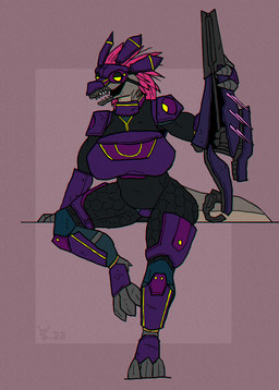 3_fingers 3_toes anthro armor big_breasts breasts digitigrade feather_hair feathered_crest feathers feet female fingers grey_body grey_scales head_crest headgear helmet long_tail needle_rifle non-mammal_breasts pink_body pink_feathers pseudo_hair scales sharp_teeth solo spurs_(anatomy) tail teeth toes yellow_eyes alexandrys halo_(series) microsoft xbox_game_studios alien avian kig-yar scalie t'vaoan hi_res