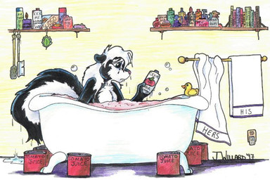 anthro bath bathtub beverage bodily_fluids claw_foot_bathtub crying female furry_problems hair humor juice_(beverage) rubber_duck solo tears tomato_juice wet white_hair jessica_willard mammal mephitid skunk 1997 3:2 traditional_media_(artwork)