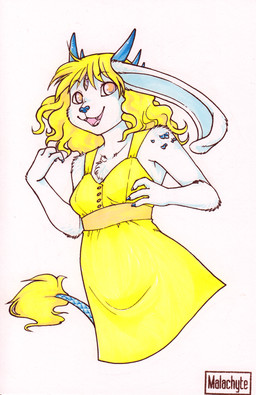 4_horns anthro biped black_nose blonde_hair breasts chest_tuft claws clothed clothing dress eyebrows female floppy_ears forehead_gem gem green_eyes hair horn long_ears long_hair looking_at_viewer multi_horn open_mouth open_smile scales simple_background small_breasts smile solo sundress tail tail_tuft teeth tongue tuft white_background yellow_clothing yellow_dress malachyte mythology domestic_cat dragon felid feline felis hybrid lagomorph leporid mammal mythological_creature mythological_scalie rabbit scalie 2015 hi_res portrait three-quarter_portrait