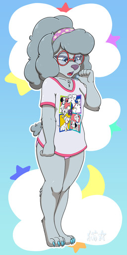 accessory anthro bodily_fluids clothing curly_hair drool_on_hand drooling_tongue eyewear female glasses hair headband long_shirt pattern_background red_eyewear red_glasses saliva saliva_string simple_background solo standing sucking thumb_suck tired underwear stargal_galexi 101_dalmatians disney chloe_couture canid canine canis domestic_dog mammal poodle 1:2 absurd_res full-length_portrait hi_res portrait