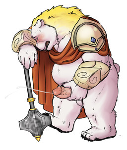 anthro balls beard blush bodily_fluids cum cum_string ejaculation erection facial_hair genital_fluids genitals goatee humanoid_genitalia humanoid_penis male masturbation mostly_nude open_mouth overweight overweight_anthro overweight_male penis side_view solo standing tail kronexfire bear mammal 2016 hi_res