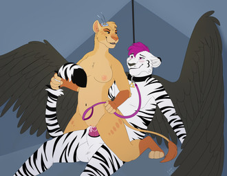 anthro areola balls blush blush_lines bodily_fluids breasts collar collar_only cum cum_from_vagina cum_in_vagina cum_inside dominant dominant_female duo erection feathered_wings feathers female female_penetrated flower_on_head from_behind_position fur genital_fluids genitals holding_leash holding_object holding_tail leash leashed_collar looking_at_another looking_back male male/female male_penetrating male_penetrating_female navel nipples nude nude_anthro nude_female nude_male on_bottom on_top penetration penile penile_penetration penis pink_blush power_bottom reverse_cowgirl_position service_top sex simple_background smile spread_legs spreading submissive submissive_male tail tail_grab tail_tuft tuft vaginal vaginal_penetration vulva wings caraluca felid lion mammal pantherine tiger absurd_res digital_media_(artwork) hi_res