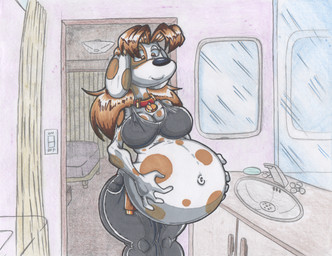 anthro bathroom bathtub bed belly big_belly bottomwear brown_hair clothing collar female fur furniture hair hand_on_belly markings mirror navel pants pregnant pregnant_anthro pregnant_female shower_curtain sink solo spots spotted_body spotted_fur text thick_thighs uniform virus-20 alice_(virus-20) canid canine canis domestic_dog mammal 2017 english_text traditional_media_(artwork)