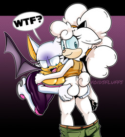 annoyed anthro armwear bat_wings belt big_breasts big_butt black_horn black_nose blue_eyes blue_sclera bodily_fluids bodysuit boots bottomless bottomwear bottomwear_down breasts brown_clothing brown_topwear bubble_butt butt butt_grab cleavage clothed clothing dialogue duo elbow_gloves eyelashes female floppy_ears footwear fur glistening glistening_breasts gloves green_bottomwear green_clothing green_pants hand_on_butt handwear high_heeled_boots high_heels horn knee_boots knee_highs legwear looking_at_viewer looking_back looking_back_at_viewer membrane_(anatomy) membranous_wings pants pants_down partially_clothed purple_bodysuit purple_clothing purple_skinsuit shoes skinsuit smile speech_bubble sweat sweatdrop tan_body tan_fur text thick_thighs tight_clothing topwear white_body white_boots white_clothing white_footwear white_fur white_gloves white_handwear wide_hips wings yellow_body yellow_fur voidsdroids idw_publishing sega sonic_the_hedgehog_(comics) sonic_the_hedgehog_(idw) sonic_the_hedgehog_(series) lanolin_the_sheep_(sonic) rouge_the_bat bat bovid caprine domestic_sheep mammal sheep english_text hi_res signature