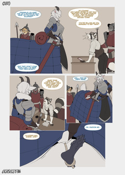 anthro armor biped blue_clothing blush bottomwear bound breasts clothed clothing dialogue feet female group hair headgear helmet holding_melee_weapon holding_object holding_polearm holding_spear holding_sword holding_weapon larger_female markings melee_weapon multicolored_body penetration polearm profanity pupils size_difference skirt smile soles spear speech_bubble striped_markings striped_tail stripes sword tail tail_markings text toes weapon white_body white_hair casloafy bovid bovid_taur canid canine caprine caprine_taur goat goat_taur mammal mammal_taur murid procyonid raccoon rodent taur 2025 absurd_res comic english_text hi_res