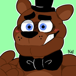 anthro black_bow_tie black_eyebrows black_nose blue_eyes blush bow_tie brown_body brown_ears close-up clothing eyebrows gesture green_background hand_gesture hat headgear headwear machine male multicolored_body multicolored_ears nervous nervous_smile o_o pointing pointing_at_self raised_arm round_ears short_ears simple_background smile solo teeth top_hat two_tone_body two_tone_ears wide_eyed snazzamazing five_nights_at_freddy's scottgames freddy_(fnaf) animatronic bear mammal robot 1:1 2018 alternate_version_at_source bust_portrait icon low_res portrait