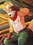 anthro belly bodily_fluids bottomwear clothed clothing gloves hand_on_head handwear kerchief looking_at_viewer male male_anthro neckerchief neckwear nipples pants solo sweat tools topless topless_anthro topless_male whiskers wrench ventkazemaru nintendo star_fox fox_mccloud canid canine fox mammal hi_res