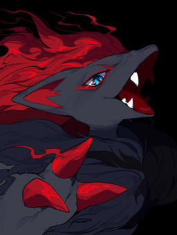 ambiguous_gender anthro black_background black_body black_fur black_hair blue_eyes claws fangs flowing_hair fur gaping_mouth hair looking_at_viewer markings open_mouth raised_arm red_claws red_hair red_markings simple_background snout solo teeth kokokokokodari nintendo pokemon generation_5_pokemon pokemon_(species) zoroark 3:4 bust_portrait digital_drawing_(artwork) digital_media_(artwork) hi_res japanese_description portrait