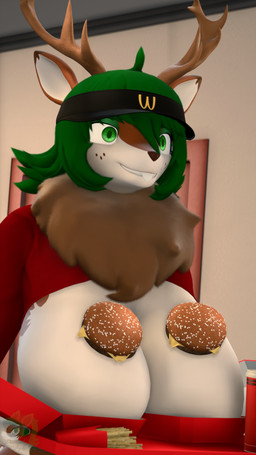 anthro antlers big_breasts breasts buckteeth burger female food fries horn mature_female neck_tuft revamped_anthros smile solo teeth tuft donglysfm your_order_is_ready_(meme) tea_tree_(donglysfm) deer mammal 3d_(artwork) 4k 9:16 absurd_res digital_media_(artwork) hi_res source_filmmaker_(artwork)