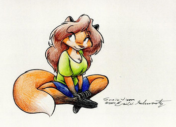 anthro big_breasts black_body black_fur blue_bottomwear blue_clothing blue_shorts bottomwear breasts brown_hair clothing crossed_legs dipstick_tail eyebrow_through_hair eyebrows female fur gloves_(marking) green_clothing green_shirt green_topwear hair leg_markings long_hair markings orange_body orange_fur shirt shorts simple_background sitting socks_(marking) solo tail tail_markings text topwear translucent translucent_hair white_background white_tail_tip eric_schwartz sheila_vixen canid canine fox mammal 2004 character_name colored_pencil_(artwork) signature source_request traditional_media_(artwork)