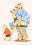 aloha_shirt anthro bottomwear clothing eyes_closed footwear group kemono male pattern_clothing pattern_shirt pattern_topwear sandals shirt shoes shorts size_difference topwear walking panda_po bear canid canine felid fox mammal pantherine tiger 2024 hi_res