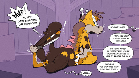 antlers blue_eyes bodily_fluids dialogue flying_sweatdrops forced forced_transformation horn orange_eyes orange_sclera plush_transformation plushie speech_bubble spikes spikes_(anatomy) stretching_face sweat sweatdrop teasing transformation twinning upside_down_transformation trevor-fox nintendo pokemon kyp_(character) trevor-fox_(character) generation_2_pokemon girafarig pokemon_(species) hi_res